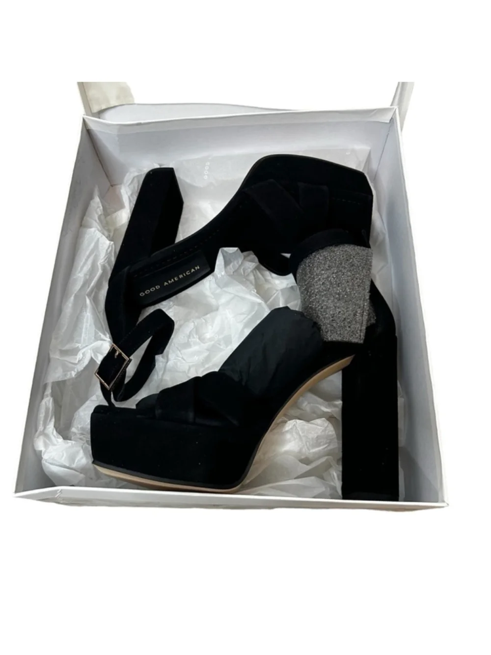Good American Black Suede Ankle Strap Chunky Platform Sandal Heels Size 9